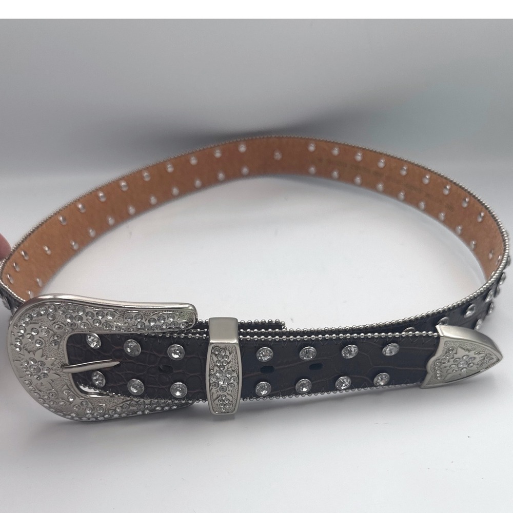Western Belt Womens XL Brown Leather Croc Rhinestone Medallion Cowgirl Rodeo - Picture 2 of 10